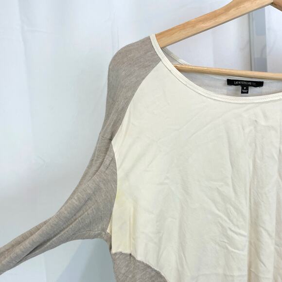 LAFAYETTE 148 Size XS P Long Sleeve Colorblock Top Ivory Silk Crepe Beige Knit - Picture 4 of 6